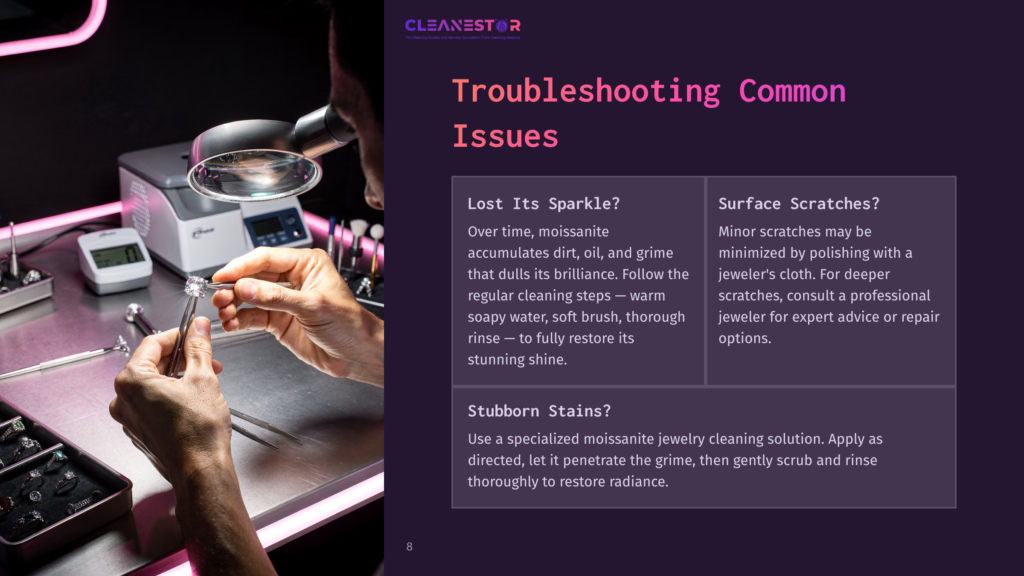 8 Troubleshooting Common Issues 1 Close-Up Of Hands Holding A Moissanite Ring With Cleaning Tools And A Magnifying Lamp In A Dark, Purple-Lit Workspace.