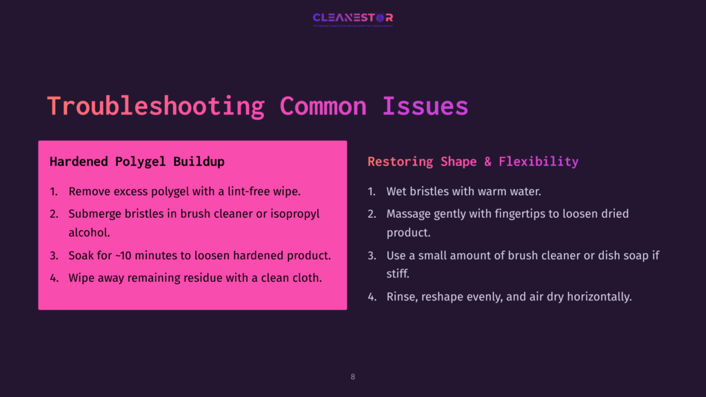 A Dark Background Features Pink Text Outlining Steps For Cleaning Polygel Brushes, With Numbered Instructions And Highlighted Headers.