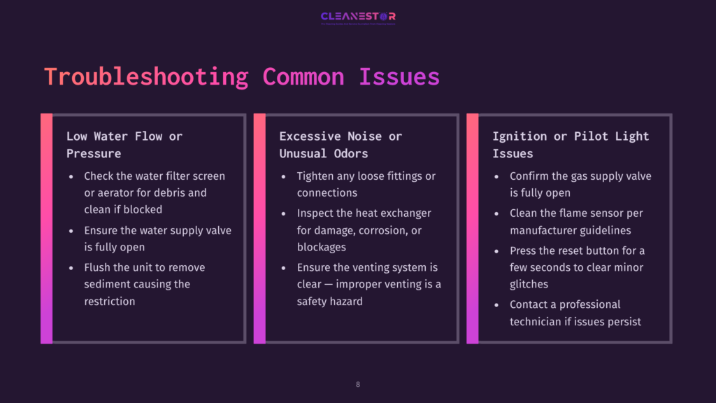 Three-Column Graphic With Purple Background Outlining Troubleshooting Steps For A Tankless Water Heater: Low Pressure, Noise Issues, And Ignition Problems.