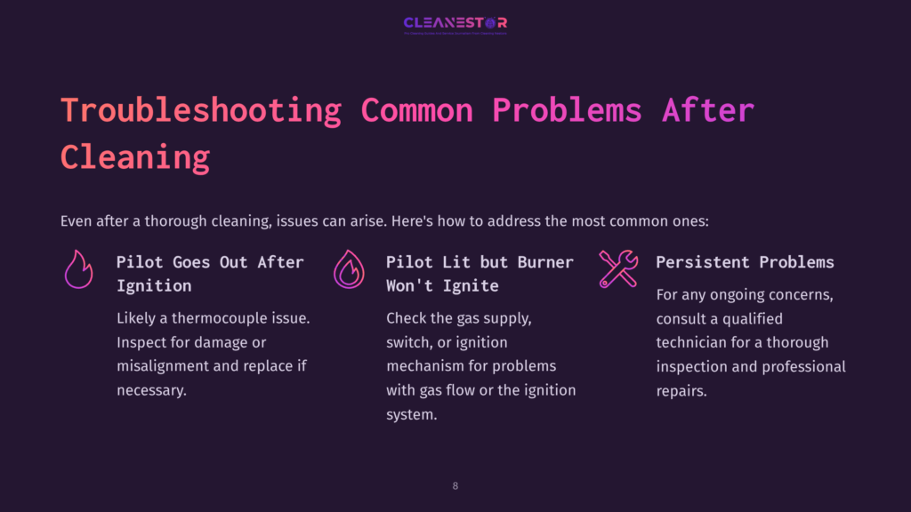 8 Troubleshooting Common Problems After Cleaning Troubleshooting Common Problems After Cleaning: Pilot Goes Out After Ignition, Pilot Lit But Burner Won'T Ignite, Persistent Problems. Includes Icons And Text.