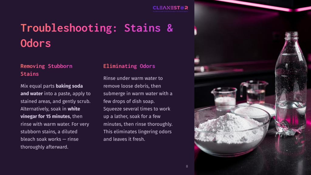 Troubleshooting Stains And Odors: A Bowl Of White Powder, Possibly Baking Soda, Sits Next To A Glass Measuring Cup And A Clear Bottle Of Water On A Dark Countertop.