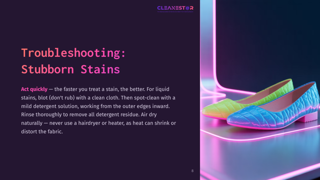 Two Vibrant, Colorful Shoes In Shades Of Green And Blue, With A Textured Pattern, Displayed Against A Dark Background With Text About Stain Removal.