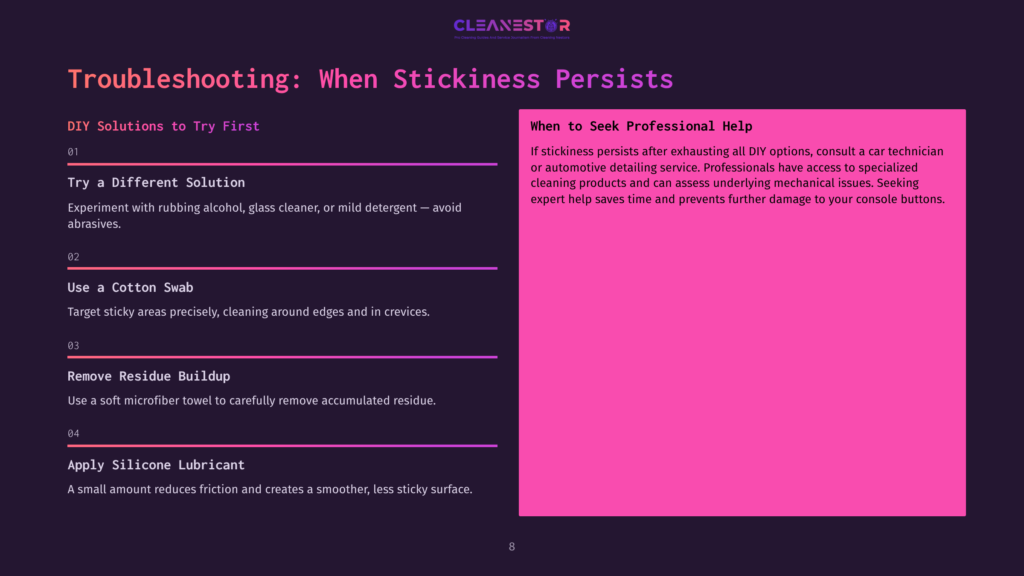 A Purple And Black Slide With Troubleshooting Tips. Text Outlines Steps For Cleaning Sticky Car Console Buttons, With Distinct Headings.
