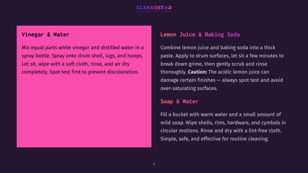A Vibrant Pink And Black Layout Features Cleaning Tips For Drums Using Vinegar, Lemon Juice, Baking Soda, And Soap, With Clear Sections.