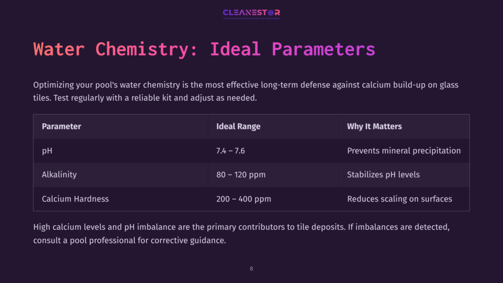 Table Displaying Water Chemistry Parameters For Pool Maintenance, With Ideal Ranges For Ph, Calcium Hardness, And Their Importance. Background Is Dark.