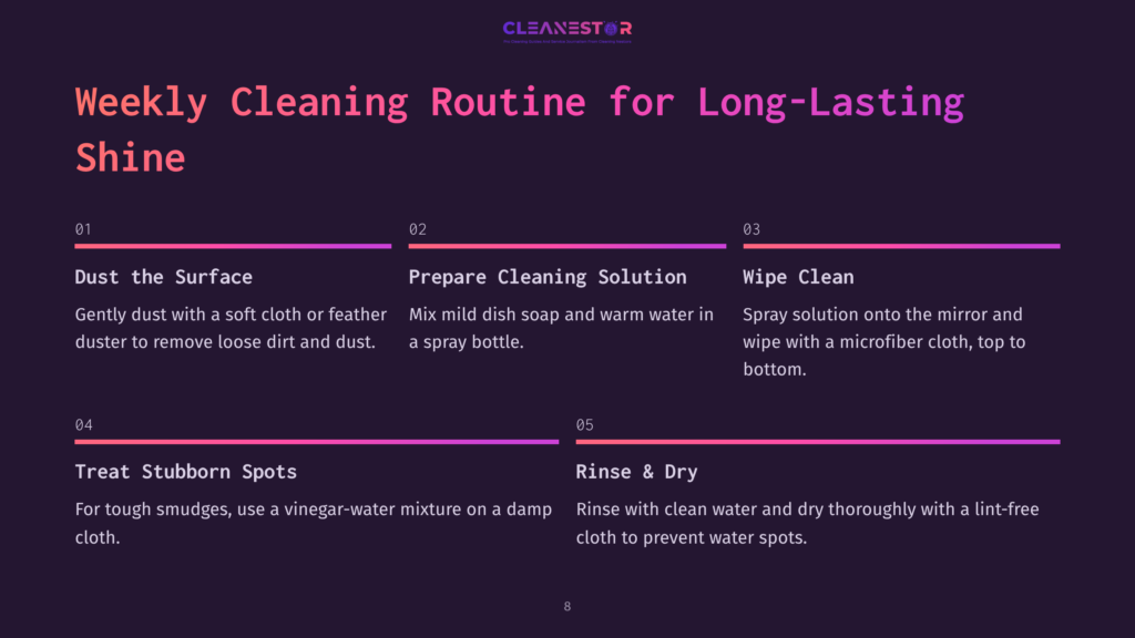 A Dark Background With White Text Detailing A Weekly Cleaning Routine For Mirrors, Highlighted Steps In Purple Boxes With Icons.