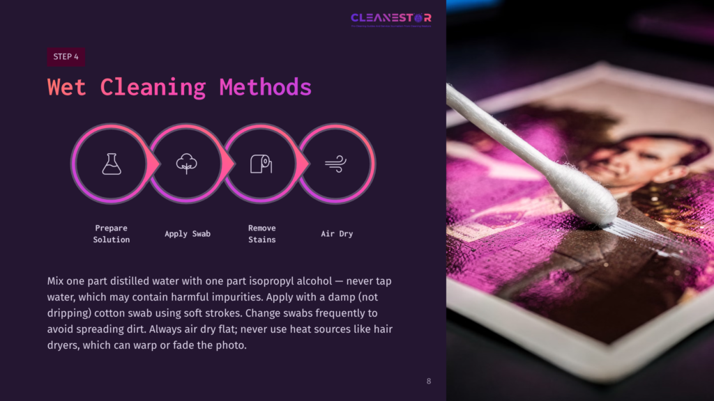 A Cotton Swab Applies A Cleaning Solution To A Damaged Photo, With Instructions On Wet Cleaning Methods In A Purple Layout.
