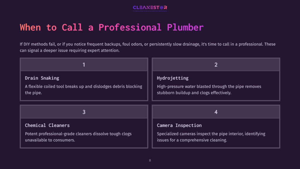 When To Call A Professional Plumber: Options Include Drain Snaking, Hydrojetting, Chemical Cleaners, And Camera Inspection, With Descriptions For Each Service.