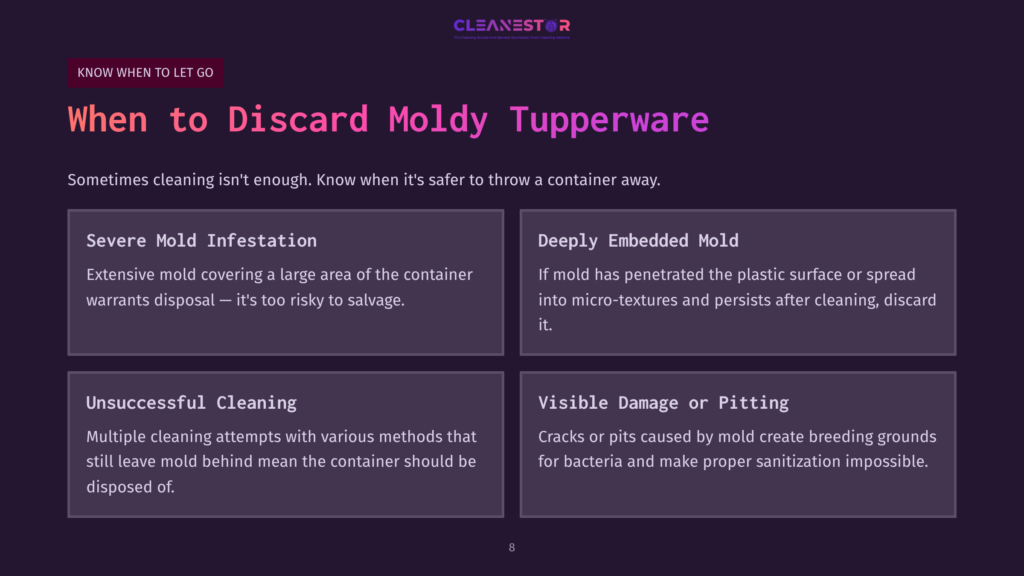Dark Background With The Text &Quot;Cleanestor&Quot; At The Top. Below, The Title &Quot;When To Discard Moldy Tupperware&Quot; Is Prominent. Four Sections Detail Reasons To Discard: &Quot;Severe Mold Infestation,&Quot; &Quot;Deeply Embedded Mold,&Quot; &Quot;Unsuccessful Cleaning,&Quot; And &Quot;Visible Damage Or Pitting.