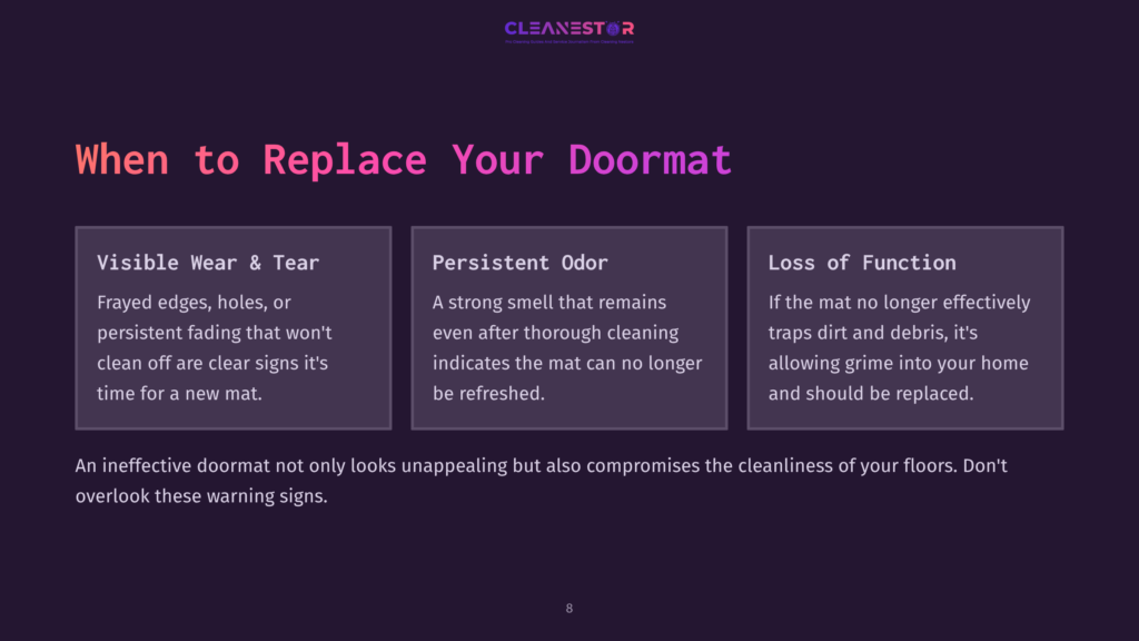 Three Rectangular Sections With Pink Headers On A Dark Background, Highlighting Issues With Doormats: Wear And Tear, Odor, And Loss Of Function.