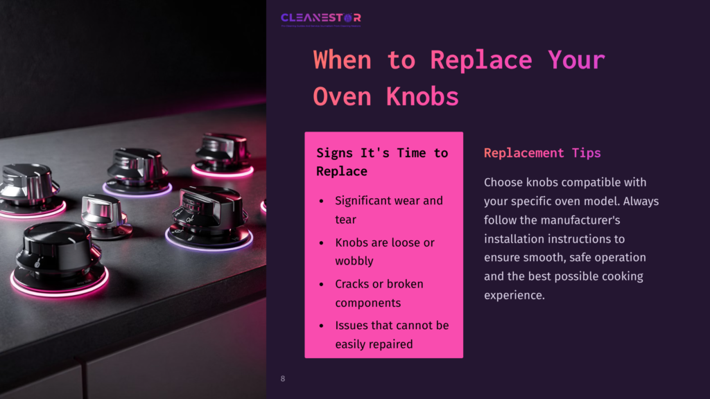 Close-Up Of Several Modern Oven Knobs With Glowing Purple Outlines, Arranged On A Dark Surface, Accompanied By Replacement Tips.