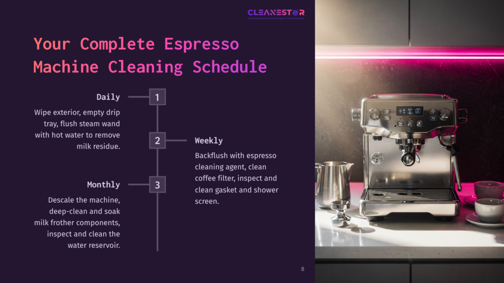 A Sleek Espresso Machine Is Displayed, With A Vibrant Purple Background. A Cleaning Schedule Outlines Daily, Weekly, And Monthly Tasks Beside The Machine.