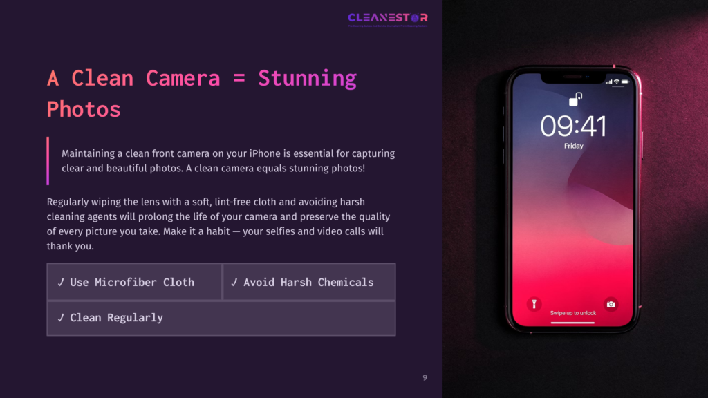 A Sleek Iphone With A Gradient Pink-To-Purple Background, Displaying The Time And A Message About Cleaning The Camera, Alongside Tips.