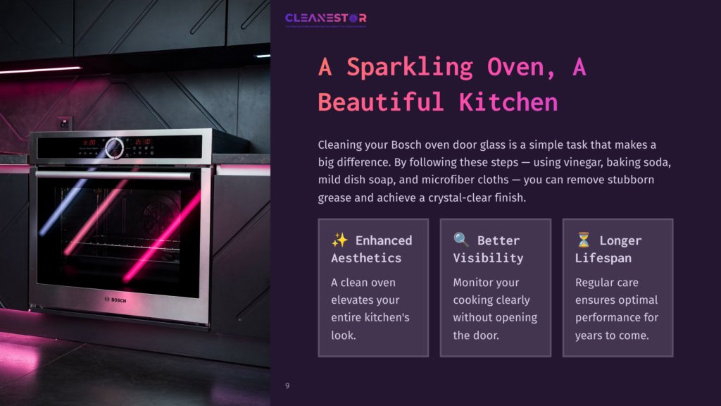 A Sleek Bosch Oven With A Modern Design, Featuring A Black Exterior And Neon Pink Lighting, Highlighted By Text Boxes Outlining Cleaning Benefits.