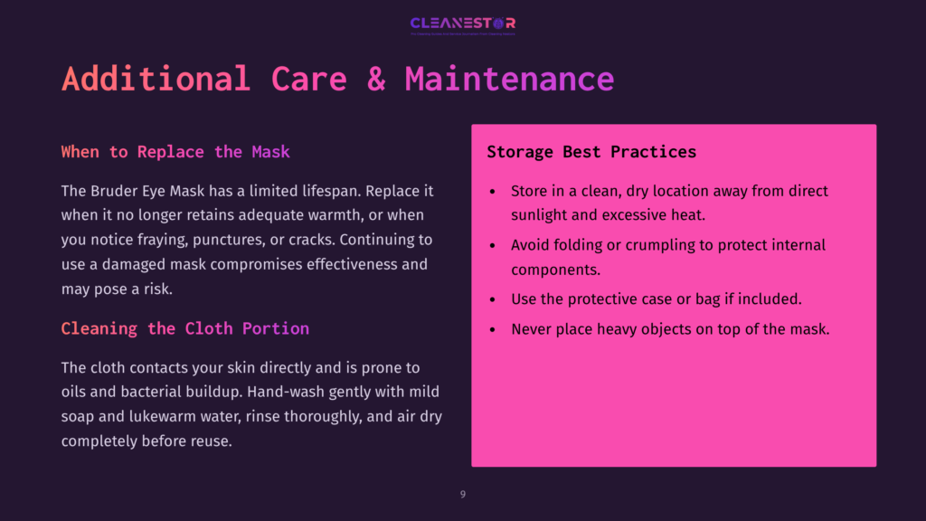Purple Slide With &Quot;Cleanestor&Quot; Logo And Text: &Quot;Additional Care &Amp; Maintenance.&Quot; Sections Include &Quot;When To Replace The Mask&Quot; And &Quot;Storage Best Practices&Quot; With Bulleted Advice.