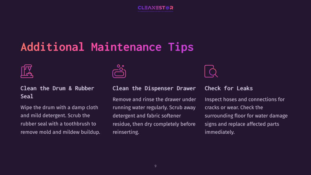 Text On A Dark Purple Background Detailing Maintenance Tips For A Samsung Washer, Including Cleaning And Inspection Instructions.