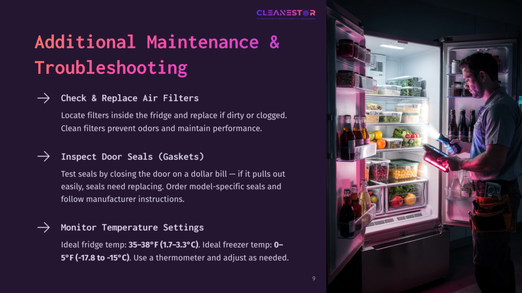 A Brightly Lit Refrigerator Interior Showing Organized Food Items, With A Focus On Air Filters And A Temperature Gauge.