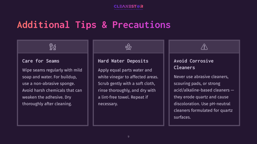 Three Neatly Arranged Panels With Purple Backgrounds Contain Tips For Cleaning Surfaces. Each Panel Highlights Care Tips, Hard Water Deposits, And Cleaner Precautions In White Text.