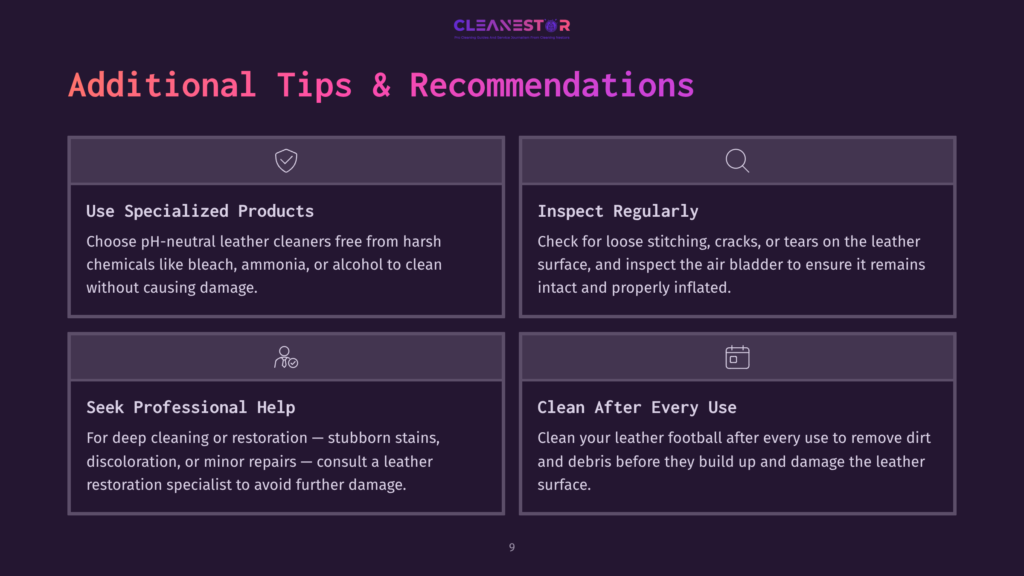 9 Additional Tips And Recommendations Four Rectangular Tips Boxes On A Dark Background, With White And Purple Text, Offering Advice On Cleaning And Maintaining Leather Footballs.