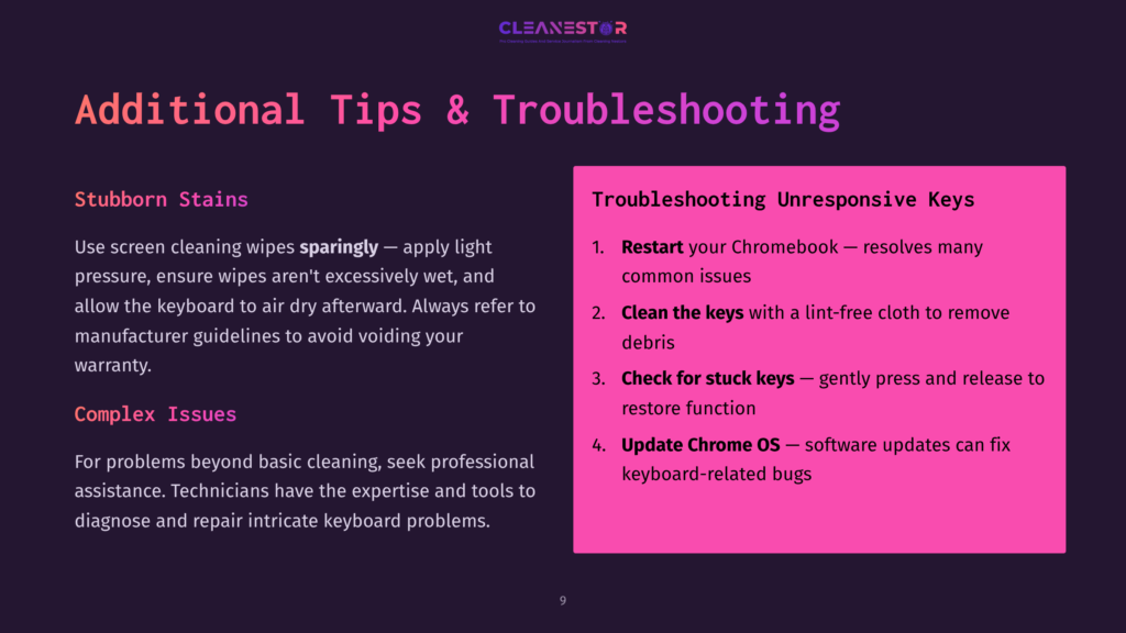 Text On A Purple Background Lists Troubleshooting Tips For Unresponsive Chromebook Keys, Emphasizing Cleaning Methods And Professional Help.
