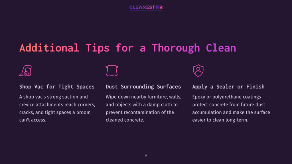 Three Icons With Text Descriptions: &Quot;Shop Vac For Tight Spaces,&Quot; &Quot;Dust Surrounding Surfaces,&Quot; And &Quot;Apply A Sealer Or Finish.&Quot; The Background Is Dark Purple With A Gradient Overlay.