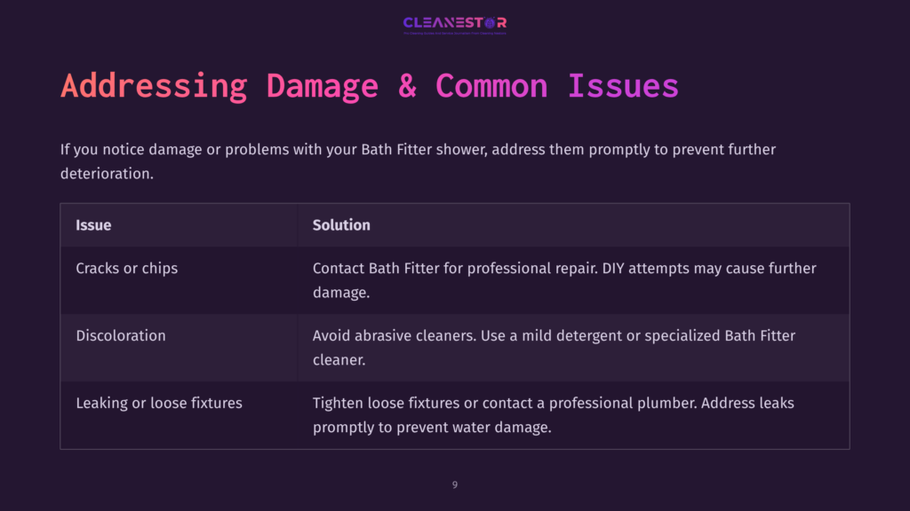 9 Addressing Damage And Common Issues Bullet Points List Outlining Issues And Solutions For Bath Fitter Showers, With A Dark Purple Background And White Text For Clarity.
