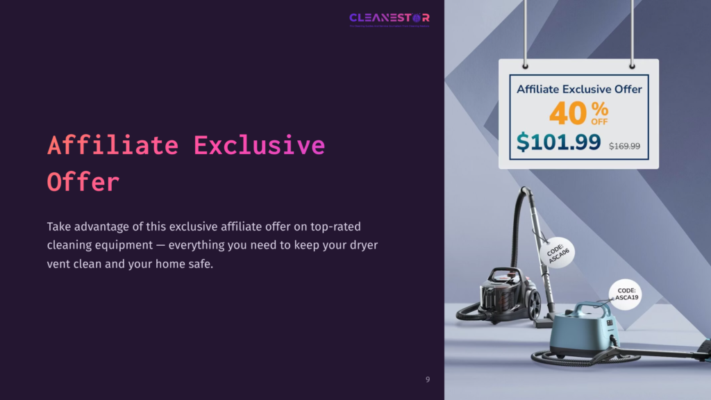 A Dark Purple And Gray Layout Features A Vacuum Cleaner And Dryer Vent Cleaning Tools, With A Promotional Sign Displaying A 40% Discount.