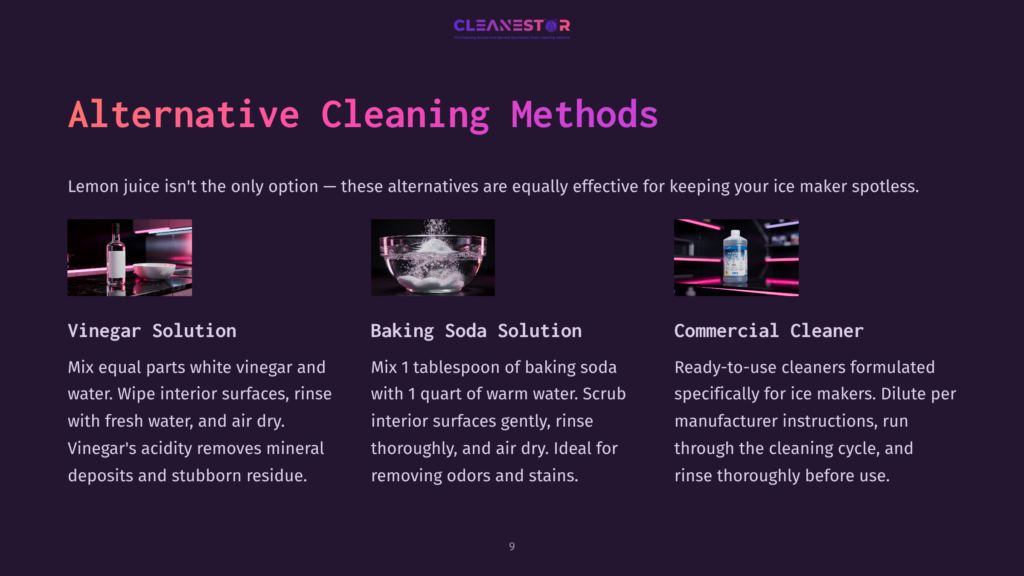 9 Alternative Cleaning Methods 2 Three Cleaning Solutions For Ice Makers: Vinegar With Lemon, Baking Soda, And Commercial Cleaner. Text: &Quot;Alternative Cleaning Methods,&Quot; &Quot;Vinegar Solution,&Quot; &Quot;Baking Soda Solution,&Quot; &Quot;Commercial Cleaner.
