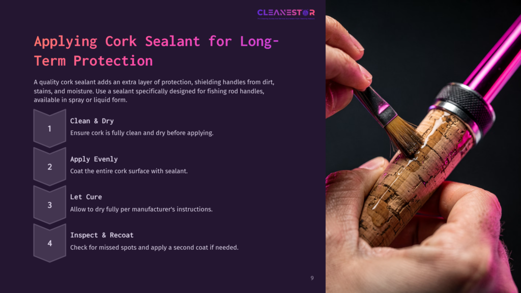 9 Applying Cork Sealant For Long Term Protection Close-Up Of A Hand Applying A Clear Cork Sealant To A Fishing Rod Handle With A Brush. The Text &Quot;Cleanestor&Quot; Is Visible At The Top.
