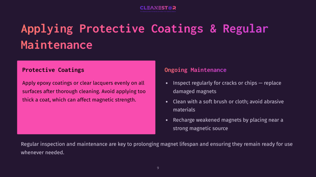 Presentation Slide Titled &Quot;Applying Protective Coatings &Amp; Regular Maintenance&Quot; By Cleanestor, Detailing Protective Coatings And Ongoing Maintenance For Surfaces.