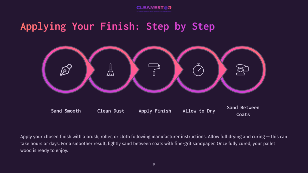 Icons Illustrate A Step-By-Step Process For Applying A Finish: Smoothing, Cleaning, Applying, Drying, And Sanding Pallet Wood.