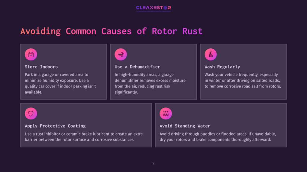 Graphic With Text &Quot;Avoiding Common Causes Of Rotor Rust&Quot; And Icons For Storing Indoors, Using A Dehumidifier, Washing Regularly, Applying Protective Coating, And Avoiding Standing Water.