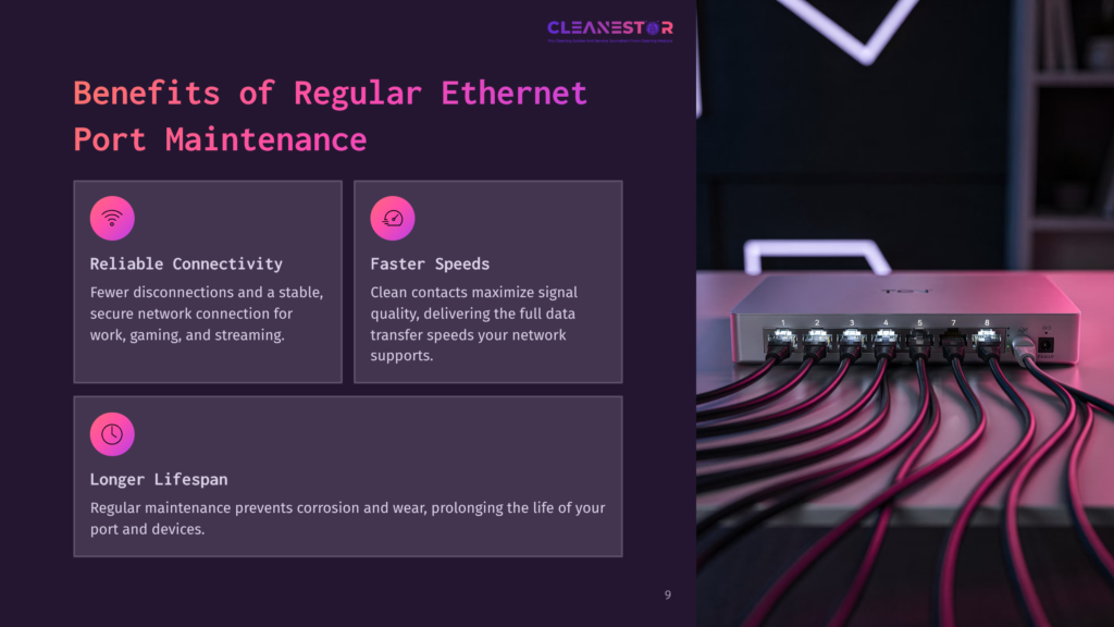 9 Benefits Of Regular Ethernet Port Maintenance A Silver Network Switch With 8 Ethernet Ports, Labeled 1-8, Is Connected To Multiple Black Ethernet Cables. The Text &Quot;Cleanestor&Quot; Is Visible At The Top, With A Tagline About Powering And Enhancing Network Performance.