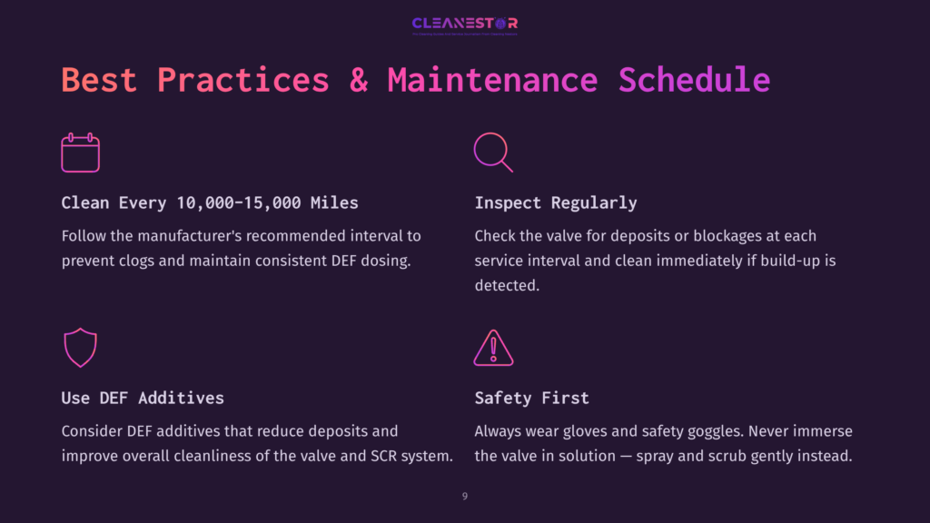 Infographic Detailing Best Practices And Maintenance Schedule For Def Systems, Including Cleaning Intervals, Regular Inspections, Def Additives, And Safety First Guidelines.