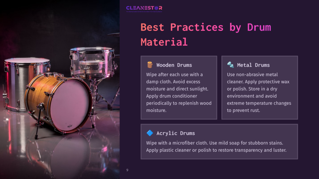 Two Drum Sets, One Wooden And One Metal, With Cleaning Tips In Text Boxes On A Gradient Background. The Wooden Drum Shines With A Polished Finish.