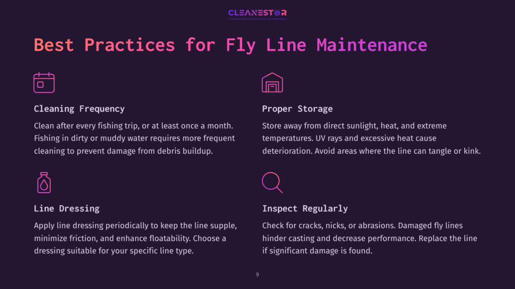 Text On A Dark Background With Purple Accents, Outlining Best Practices For Fly Line Maintenance, Including Cleaning Frequency, Storage, Dressing, And Inspection Tips.