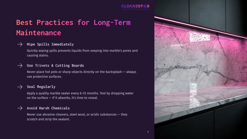 Close-Up Of A Polished Marble Countertop With A Pink Led Light Strip Above, Showcasing The Natural Veining Of The Stone. Text Overlays &Quot;Cleanestor&Quot; And &Quot;Best Practices For Long-Term Maintenance&Quot; With Bullet Points On The Left.