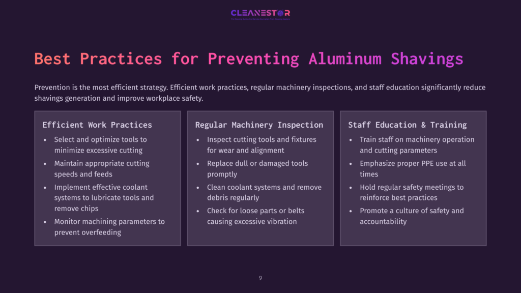 Cleanestor Logo Above &Quot;Best Practices For Preventing Aluminum Shavings&Quot; Title. Three Columns Detail: Efficient Work Practices, Regular Machinery Inspection, And Staff Education &Amp; Training, With Bulleted Lists Of Safety Tips.