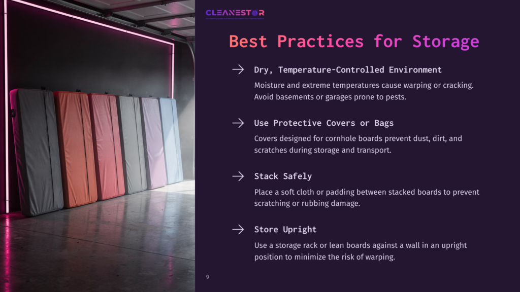 Three Stacked Cornhole Boards In A Dimly Lit Storage Area, With Protective Covers; Purple Text Highlights Best Storage Practices.