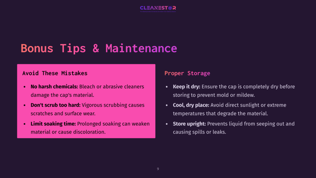 Text On A Pink Background Highlighting Tips On Avoiding Mistakes And Proper Storage Of Squeeze Bottle Caps, Featuring White And Purple Text.