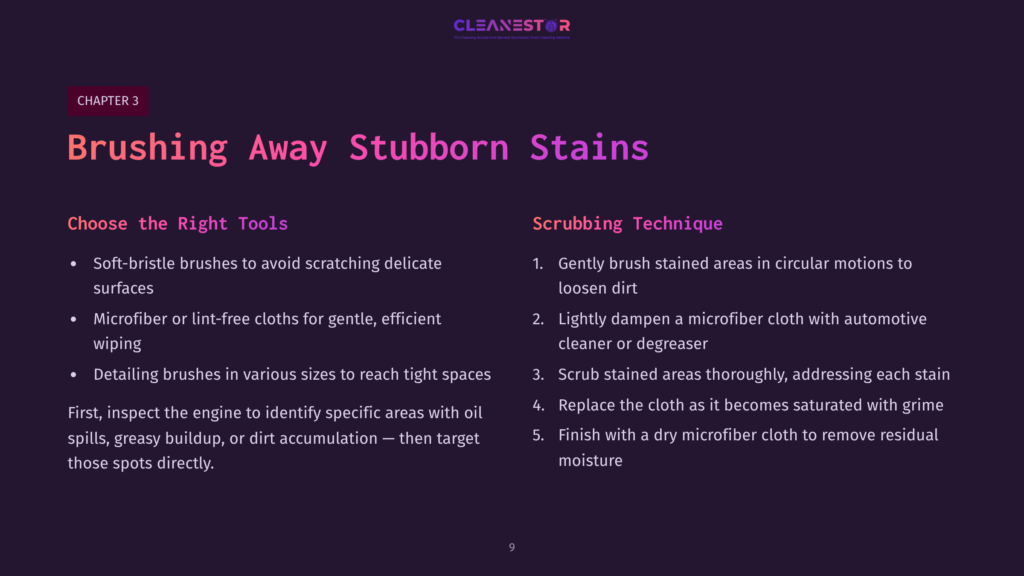 9 Brushing Away Stubborn Stains Cleanestor Slide Titled &Quot;Brushing Away Stubborn Stains&Quot; From Chapter 3, Detailing How To Choose The Right Tools And Scrubbing Techniques For Stain Removal.