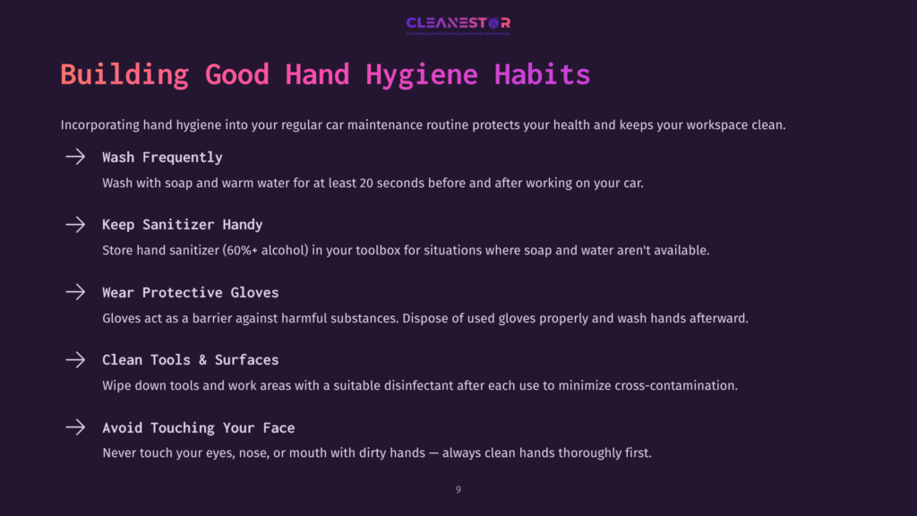Slide With Title &Quot;Building Good Hand Hygiene Habits&Quot; Listing 5 Tips: Wash Frequently, Keep Sanitizer Handy, Wear Protective Gloves, Clean Tools &Amp; Surfaces, Avoid Touching Your Face. The Cleanestor Logo Is At The Top.