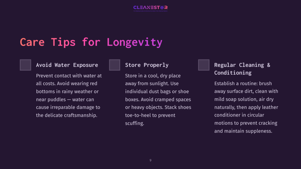 Text On A Dark Purple Background Reads &Quot;Care Tips For Longevity&Quot; With Three Sections: Avoid Water Exposure, Store Properly, And Regular Cleaning &Amp; Conditioning.