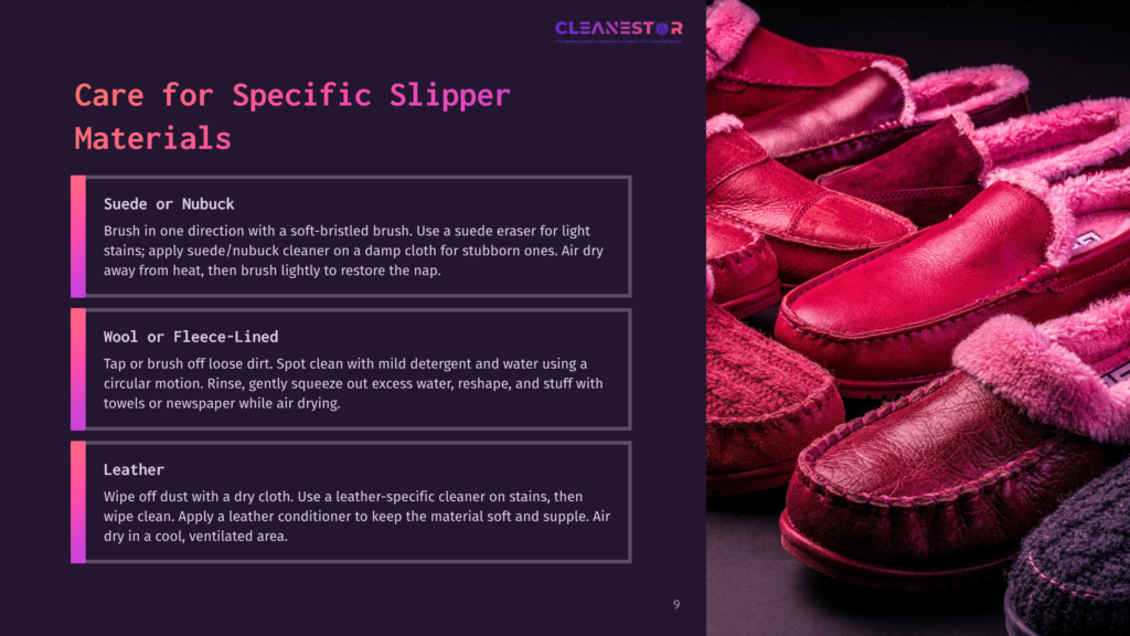 9 Care For Specific Slipper Materials A Collection Of Cozy, Plush Slippers In Shades Of Pink And Red, Some With Fluffy Trim, Are Artfully Arranged On A Dark Surface.