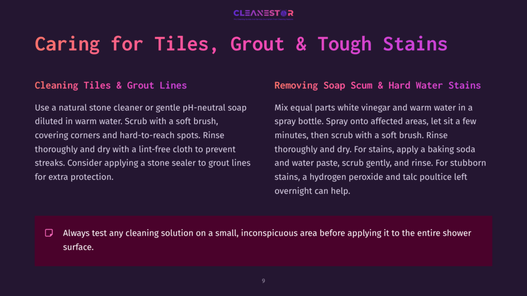 Cleanestor Logo With Text &Quot;Caring For Tiles, Grout &Amp; Tough Stains&Quot; And Cleaning Tips For Tiles, Grout, And Hard Water Stains.