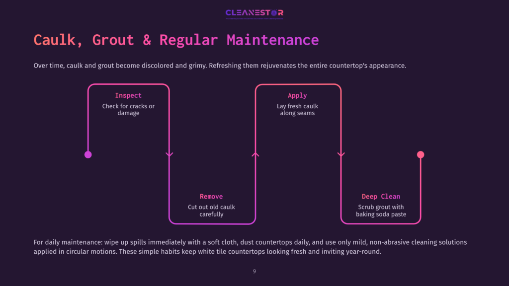 Infographic Detailing Countertop Caulk And Grout Maintenance: Inspect, Remove Old Caulk, Apply New Caulk, And Deep Clean Grout With Baking Soda Paste. Text Also Provides Daily Cleaning Tips.