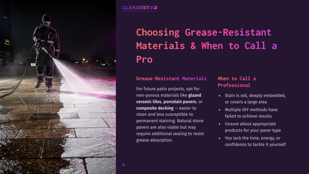 9 Choosing Grease Resistant Materials And When To Call A Pro Cleanestor Logo And Text &Quot;Choosing Grease-Resistant Materials &Amp; When To Call A Pro.&Quot; A Person Power Washes A Stone Patio At Night.