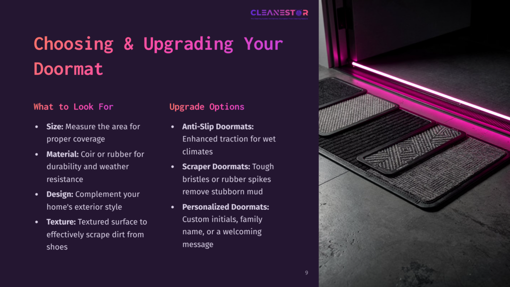 A Laid-Out Doormat Display Featuring Various Styles And Textures, With Illuminated Edges, On A Dark Surface Near A Door.