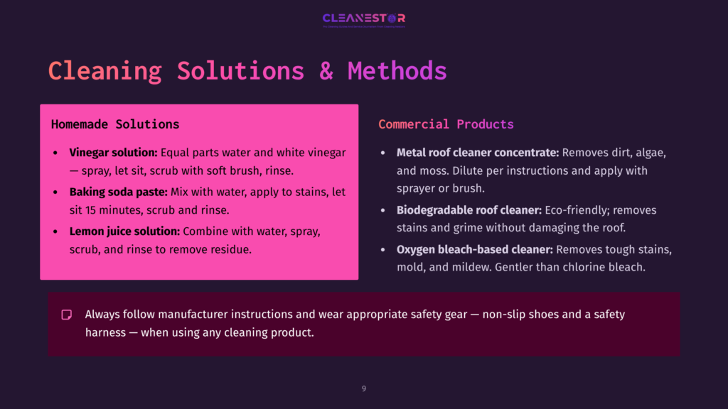 Instructions For Cleaning A Metal Roof Are Displayed, Featuring Pink And Purple Sections, Tips On Homemade Solutions, And Commercial Products.