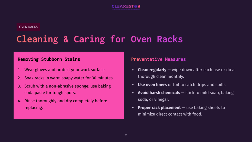 The Graphic Displays Cleaning Tips For Oven Racks, With Instructions On Removing Stubborn Stains And Preventative Measures. It Features The Text &Quot;Cleanestor&Quot; And &Quot;Oven Racks: Cleaning &Amp; Caring For Oven Racks.